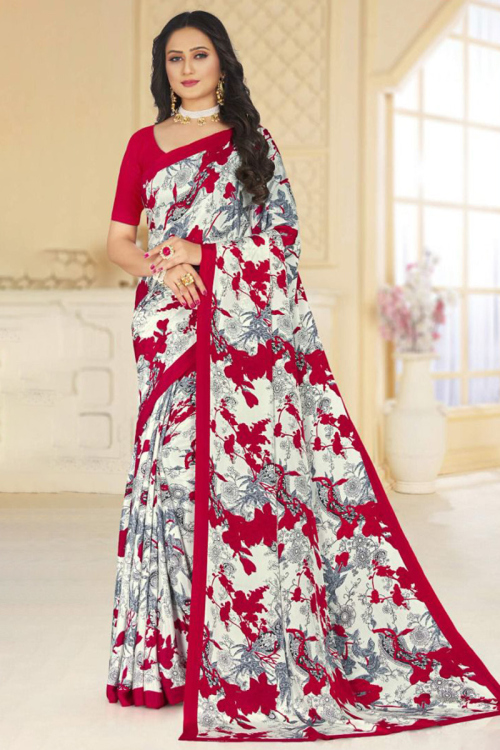 Cream Beige Crepe Light Weight Printed Casual Wear Saree