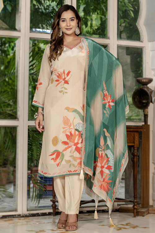 Cream Beige Crepe Trouser Suit With Printed Work For Festival