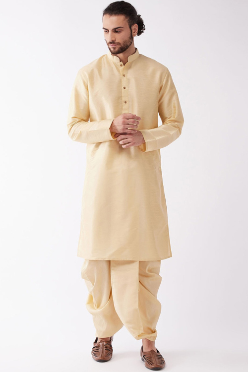 Cream Beige Dupion Silk Plain Men Kurta Dhoti