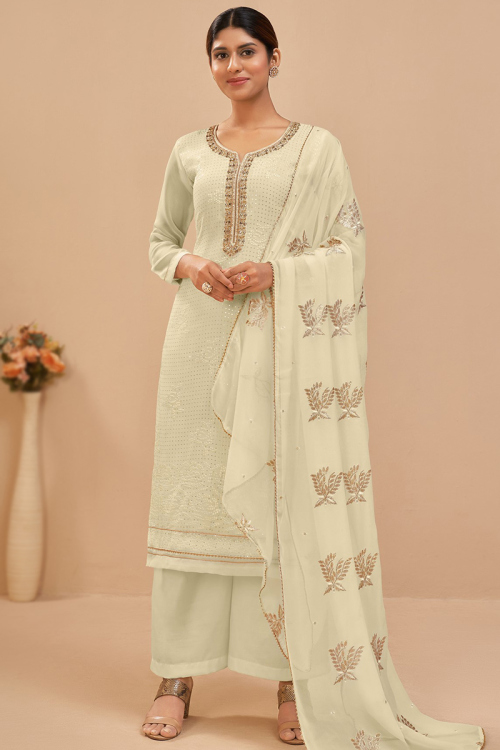 Lace Work Cream Beige Trouser Suit in Georgette for Casual Wear