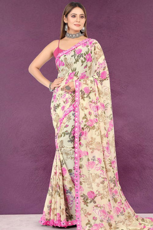 Cream Beige Georgette Light Weight Printed Saree 