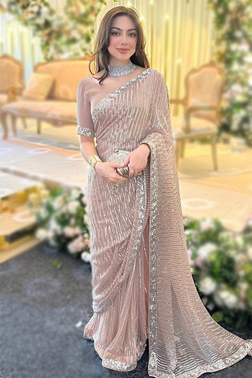 Cream Beige Georgette Sequins Embroidered Cocktail Saree