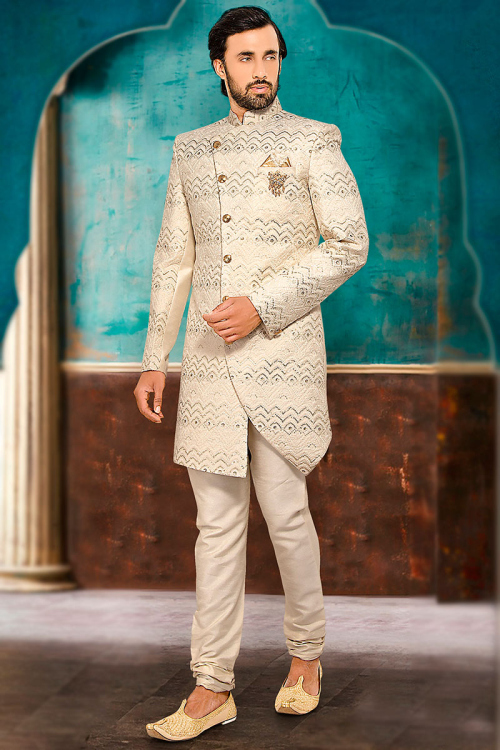Wedding Wear Sequins Work Men Sherwani in Jacquard Cream Beige