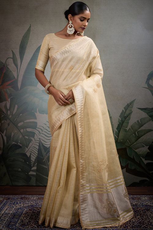 Cream Beige Kora Silk Saree With Zari Work For Diwali