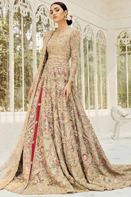 Cream Beige Organza Anarkali Suit With Skirt