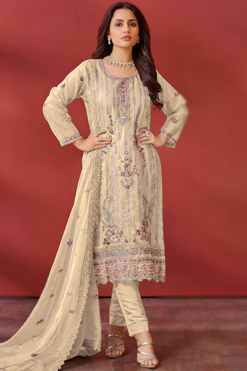 Cream Beige Organza Embroidered Straight Cut Trouser Suit 