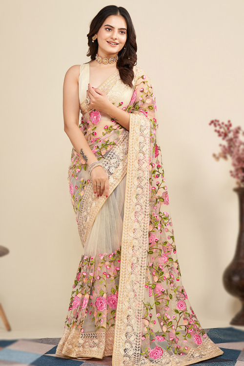 Cream Beige Resham Thread Embroidered Net Floral Saree 