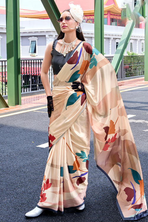 Cream Beige Satin Printed Festival Wear Saree