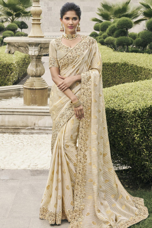 Cream Beige Light Weight Silk Embroidered Saree