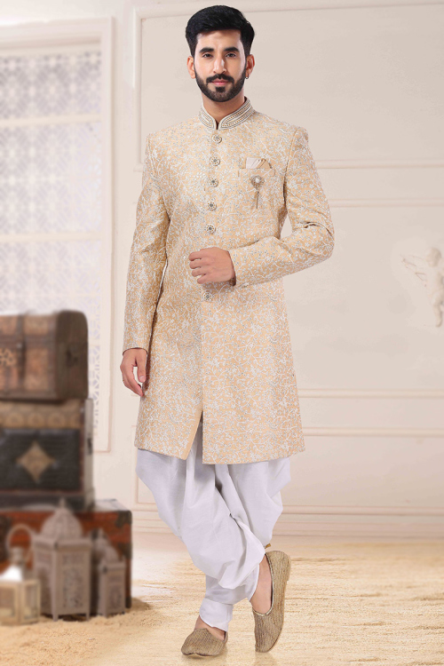 Cream Beige Silk Indo-Western Men Sherwani
