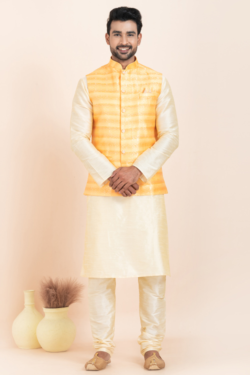 Cream Beige Silk Jacket Style Men&#039;s Churidar Kurta 