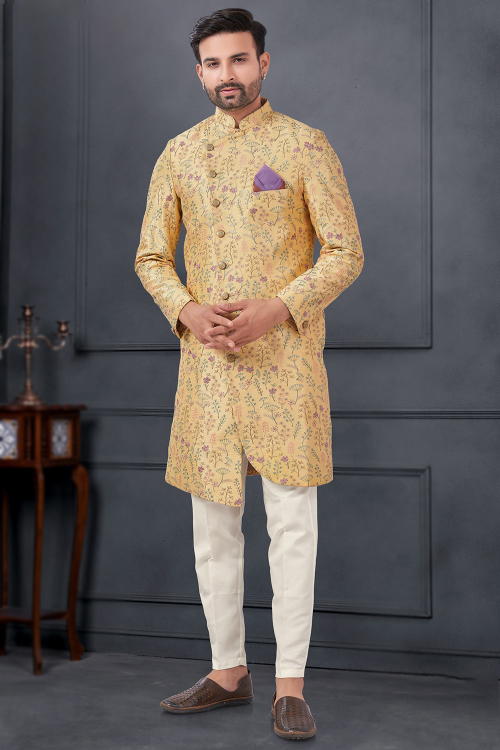 Cream Beige Silk Men's Resham Embroidered Assymetrical Sherwani 