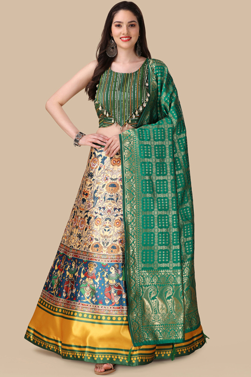 Cream Beige Silk Printed A Line Lehenga for Women
