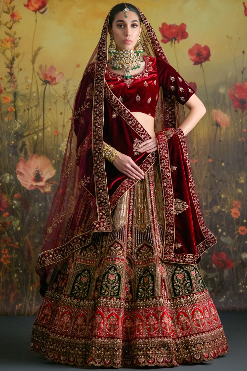 Cream Beige Velvet Embroidered A Line Lehenga