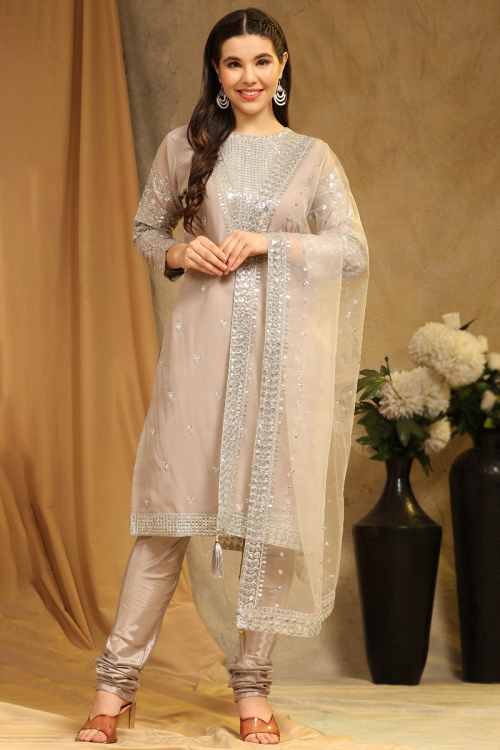 Cream Beige Zari Embroidered Georgette Straight Cut Suit