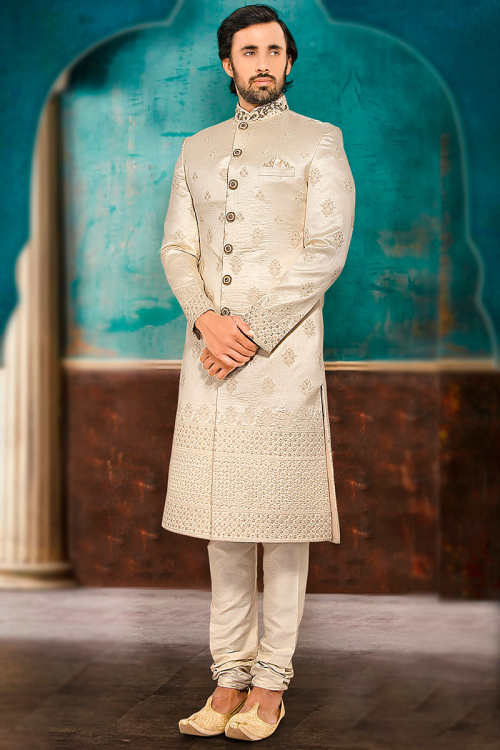 Men Sherwani in Brocade Cream with Thread Embroidery for Wedding 