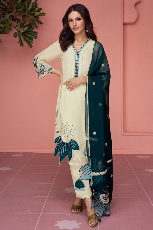 Cream Cotton Resham Thread Straight Cut Trouser Suit