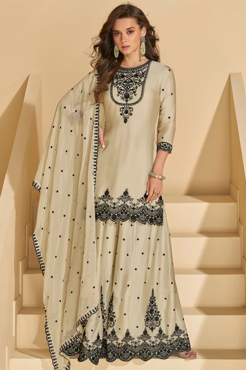 Cream Crepe Palazzo Pant Suit with Sequins Work for Diwali