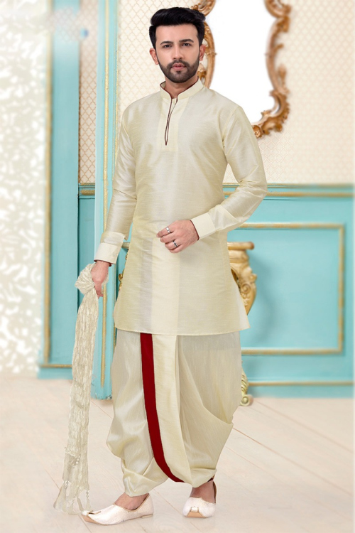 Cream Dupion Silk Men Kurta With Dhoti