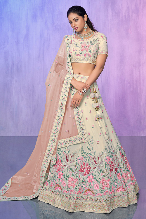 Cream Embroidered Georgette Party Wear Lehenga 