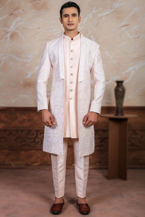 Cream Jacket Style Silk Embroidered Men's Sherwani For Engagement 