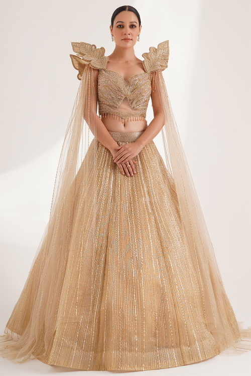 Cream Net Lehenga With Sequins Work For Weddings 