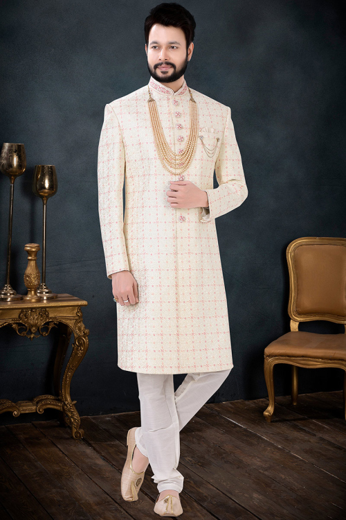 Men Sherwani in Cream Silk for Party Wear with Resham embroidery