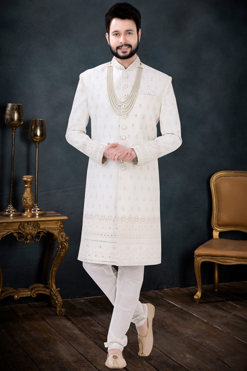 Cream Sangeet Sequins Embroidered Men Sherwani in Silk