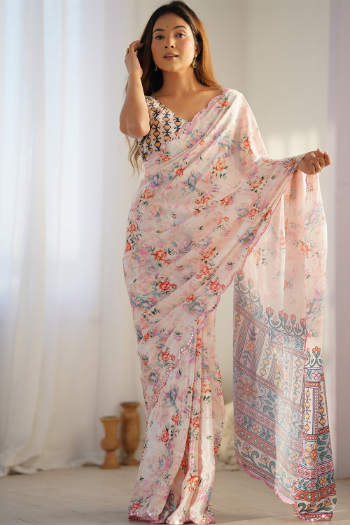 Creamy Pink Chinnon Printed Regional Saree 