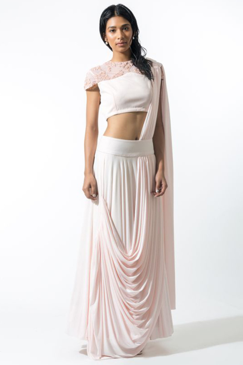 Creamy Pink Crepe Silk Indo Western Saree