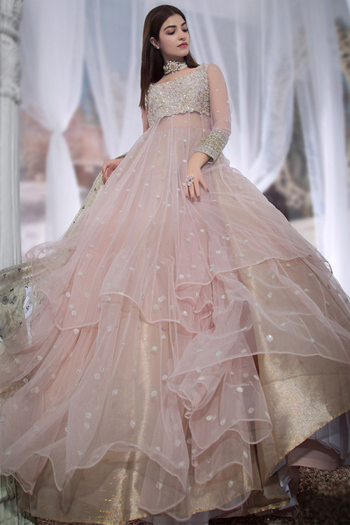 Creamy Pink Net A-Line Party Wear Lehenga