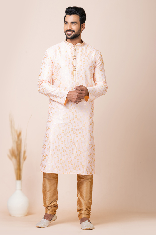 Creamy Pink Weaved Zari Silk Traditional Men's Kurta With Churidar 