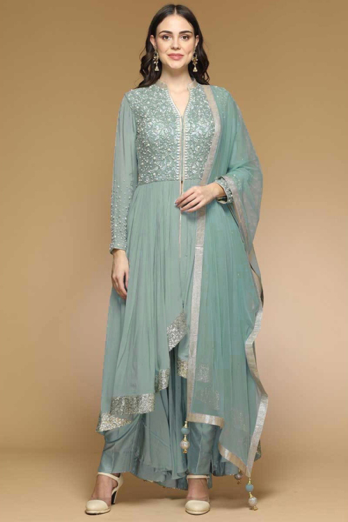 Soft Silk Wedding Anarkali Suit In Dusty Green Color