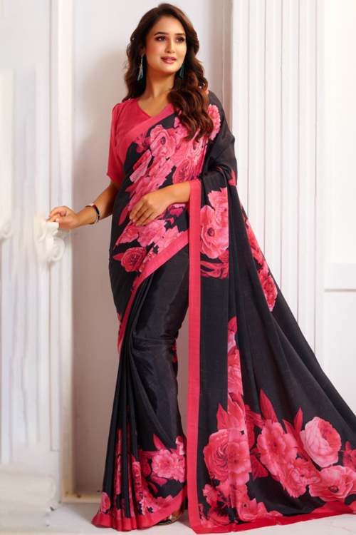 Crepe Black Saree With Printed Work For Casual Wear
