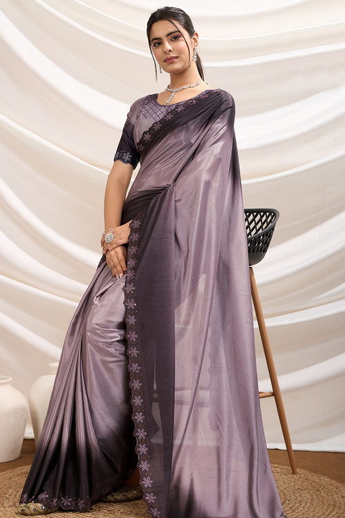 Crepe Light Lavender Purple Saree with Stone Work for Party