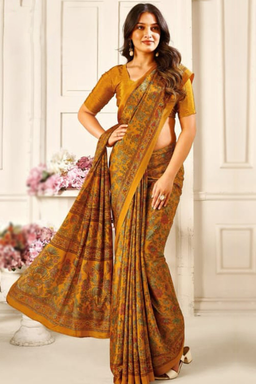 Crepe Mustard Yellow Saree With Printed Work For Casual Wear