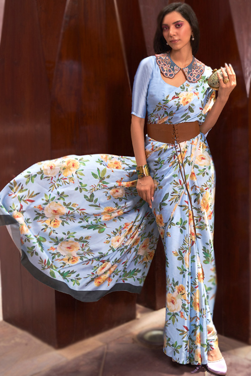 Crepe Printed Dusty Blue Floral Saree 