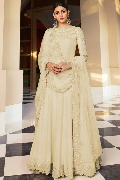 Light Beige Dupion Silk Wedding Anarkali Suit With Churidar