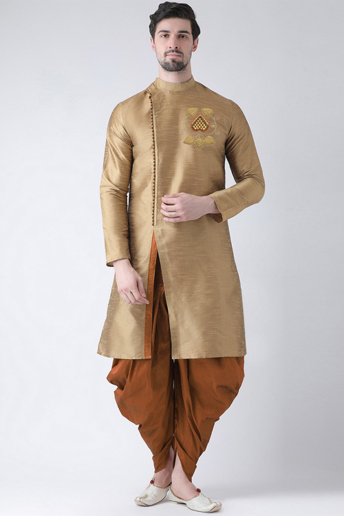 Dark Beige Dupion Silk Embroidered Men&#039;s Kurta With Dhoti 