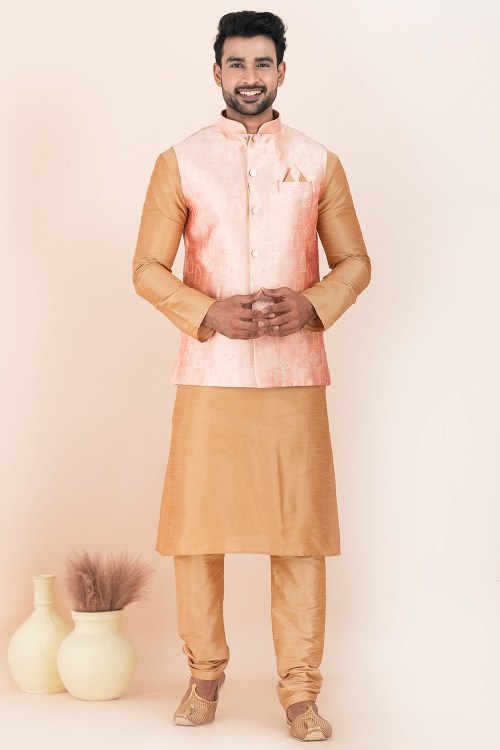 Dark Beige Dupion Silk Jacket Style Men&#039;s Churidar Kurta