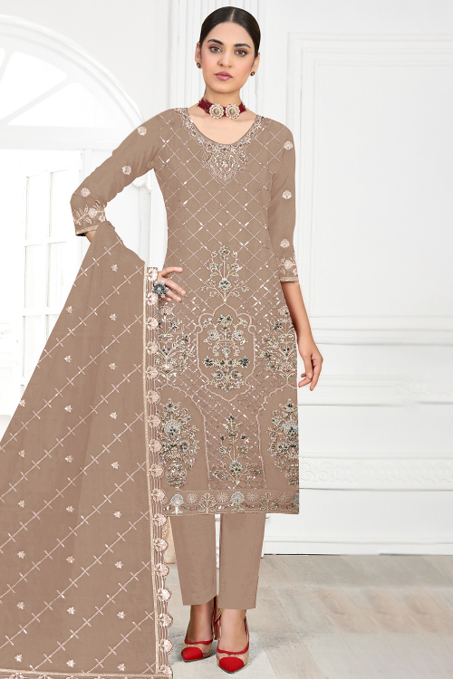 Dark Beige Georgette Embroidered Trouser Suit For Sangeet 