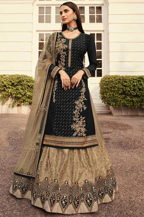 Dark Beige Net A-Line Embroidered Lehenga