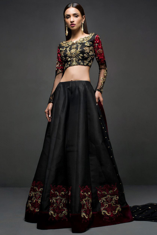 Dark Black Chanderi Silk Embroidered Lehenga