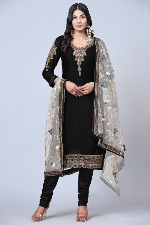 Dark Black Georgette Churidar Churidar Suit