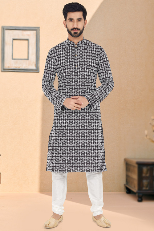 Dark Black Georgette Straight Cut Men Kurta Pajama