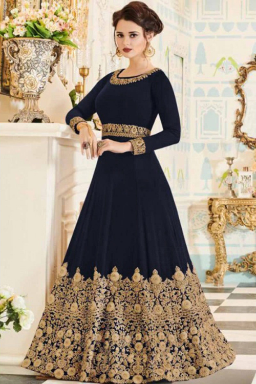 Dark Blue Wedding Anarkali Gown Dress with Resham Embroidered