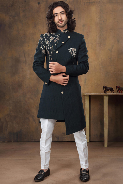 Dark Blue Birdseye Asymmetric Sequins Embroidered Men Sherwani