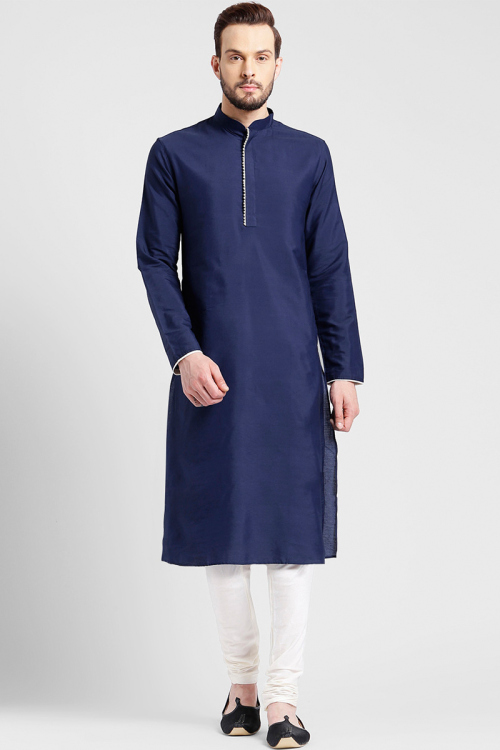 Dark Blue Cotton Men's Kurta With Churidar for Wedding & Party