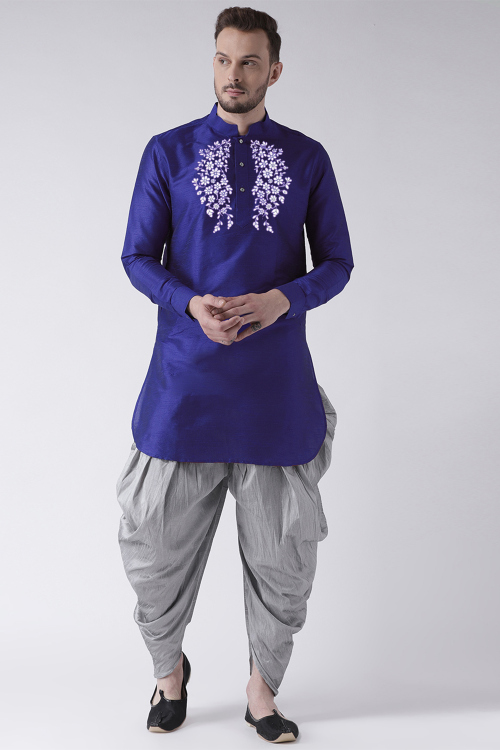 Dark Blue Dupion Silk Embroidered Straight Cut Men&#039;s Kurta Dhoti