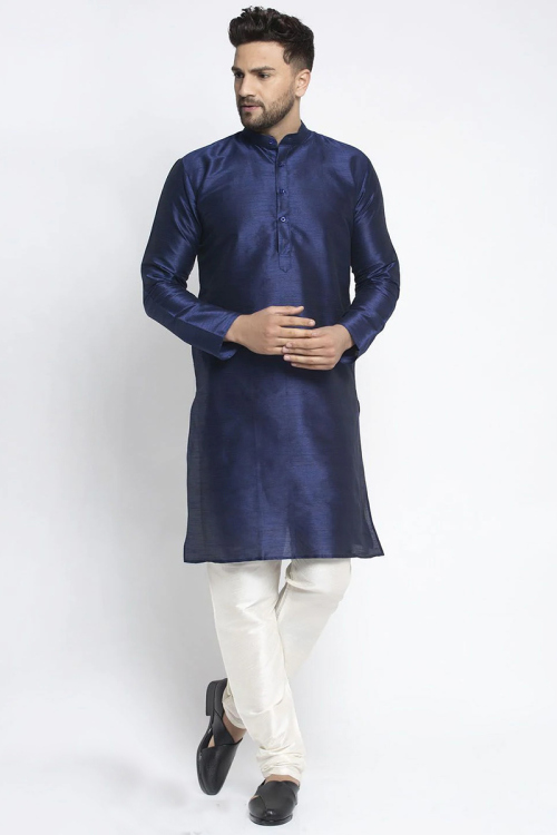 Dark Blue Dupion Silk Men's Kurta With Churidar